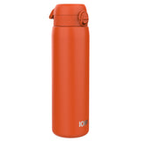 An orange water bottle stands upright against a white background. The bottle has a textured lid and the word 