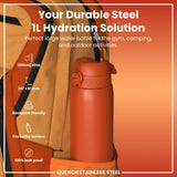 An orange, 1200ml steel water bottle fits inside a tan backpack's side pocket. The bottle is 287 x 81 mm, backpack friendly, fits bottle holders, and is 100% leak proof. It's a hydration solution for the gym, camping, and outdoor activities.