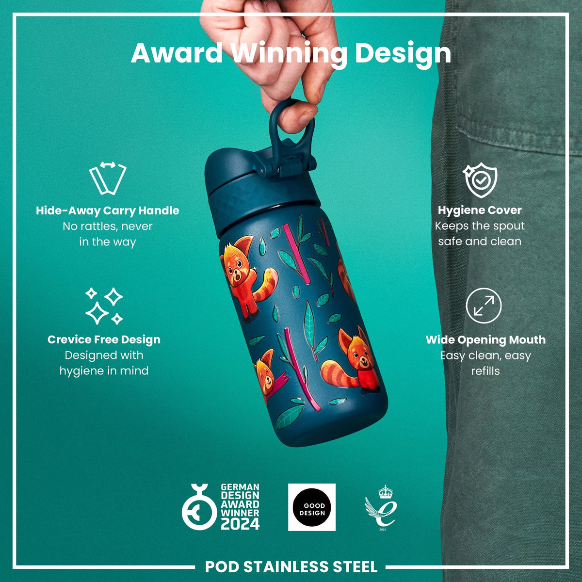 Leichte Edelstahl-Wasserflasche, Rote Pandas, 400 ml