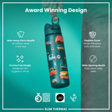 A teal water bottle, being held, features a carry handle, wide mouth, and hygiene cover; it's award-winning and shows various design details. 