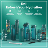 Several teal water bottles, varying in size and design, are displayed on a teal surface. They feature different graphics and are accompanied by accessories. The text reads: 