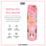 A pink insulated stainless steel water bottle, adorned with cat faces and paw prints, is displayed against a white background. The bottle is described as carbon neutral, fully recyclable, odour resistant, and dishwasher safe. 