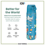 A blue, insulated steel water bottle, featuring an airplane design, sits against a white background. It's described as carbon neutral, fully recyclable, odour resistant, and dishwasher safe. The bottle is labeled 