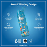 A blue, child-themed water bottle with a carry handle is displayed against a solid blue background. Award logos are present. 