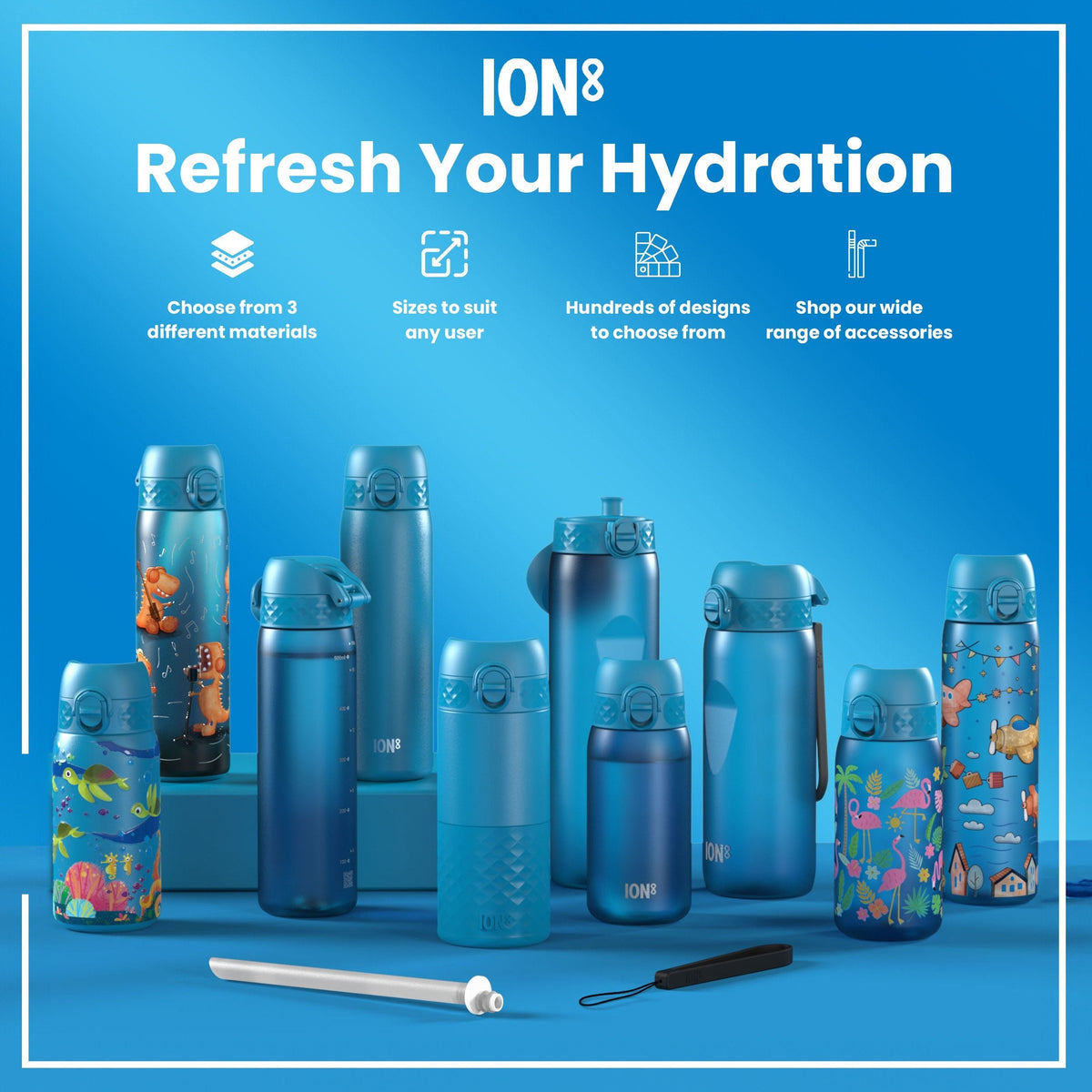 Several blue water bottles, of varying sizes and designs, are displayed on a blue surface. They are promoting hydration. The bottles feature different kid-friendly illustrations.
