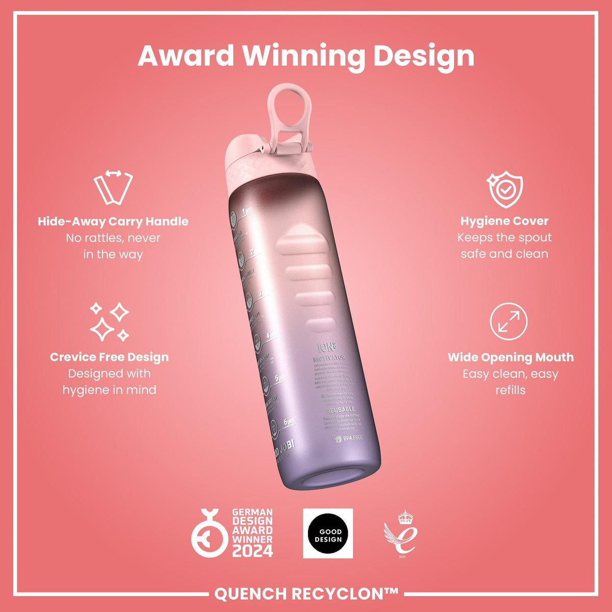 Recyclon-Wasserflasche mit Trinkzeiten, Lila & Rosa, 1 L