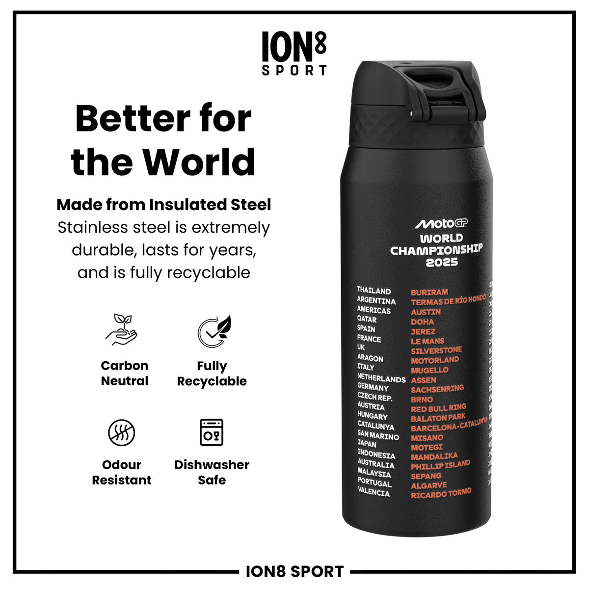 MotoGP x ION8 Isolierte Edelstahlflasche – MotoGP Calendar, 750 ml