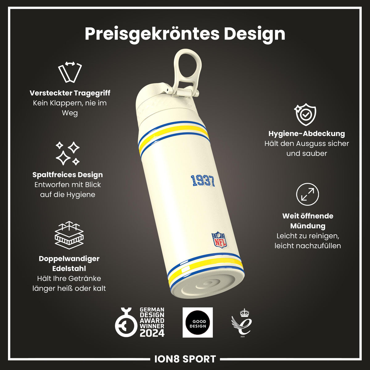 NFL x ION8, Isolierte Stahlflasche, Rams, 750 ml