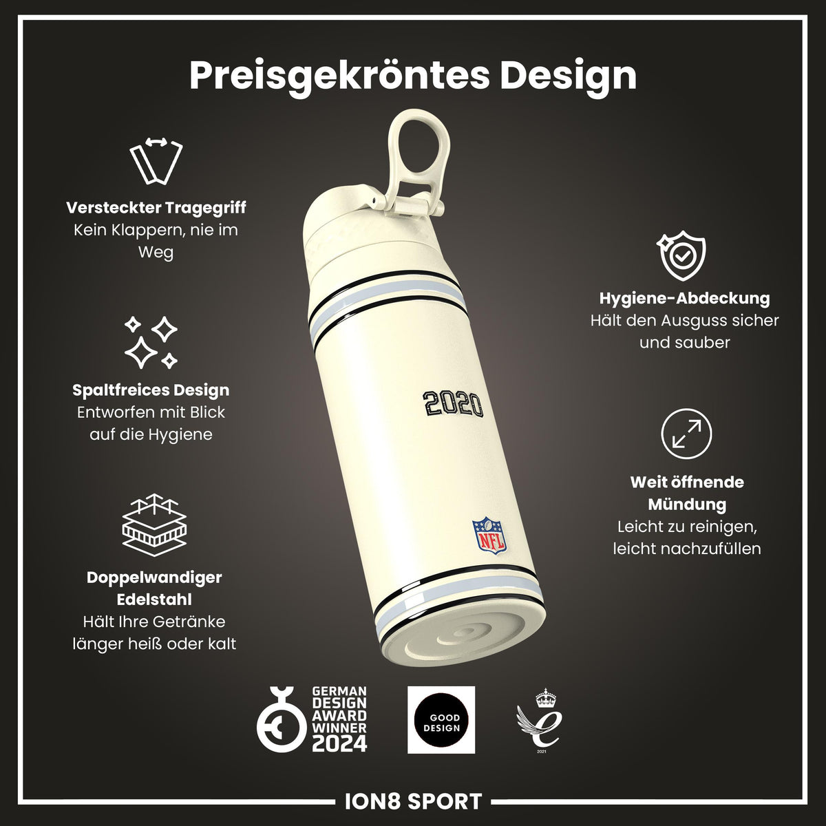 NFL x ION8, Isolierte Stahlflasche, Raiders, 750 ml