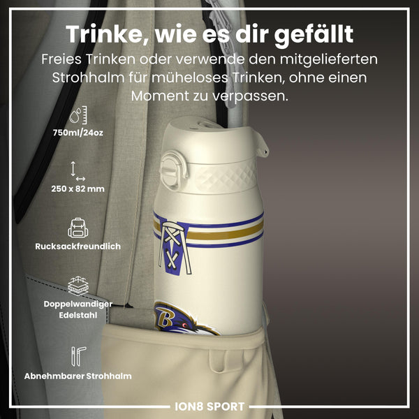 NFL x ION8, Isolierte Stahlflasche, Ravens, 750 ml
