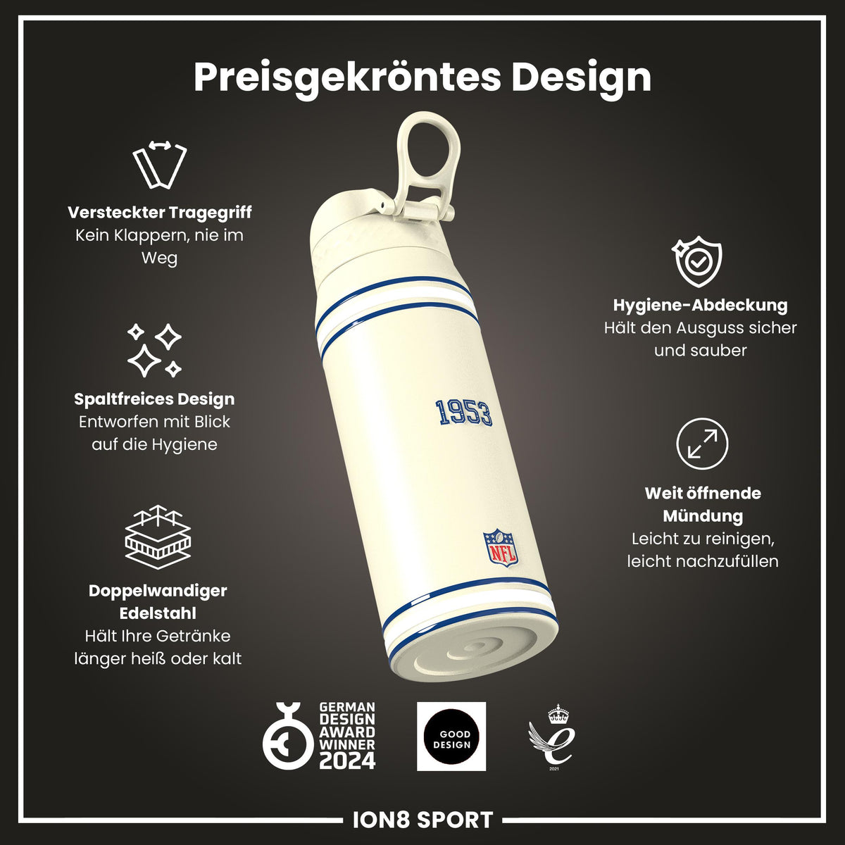 NFL x ION8, Isolierte Stahlflasche, Colts, 750 ml