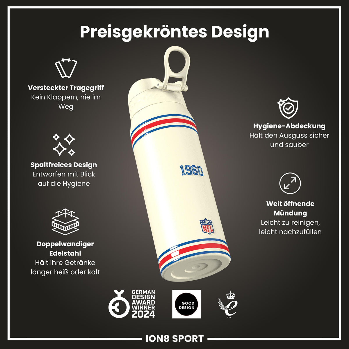 NFL x ION8, Isolierte Stahlflasche, Bills, 750 ml