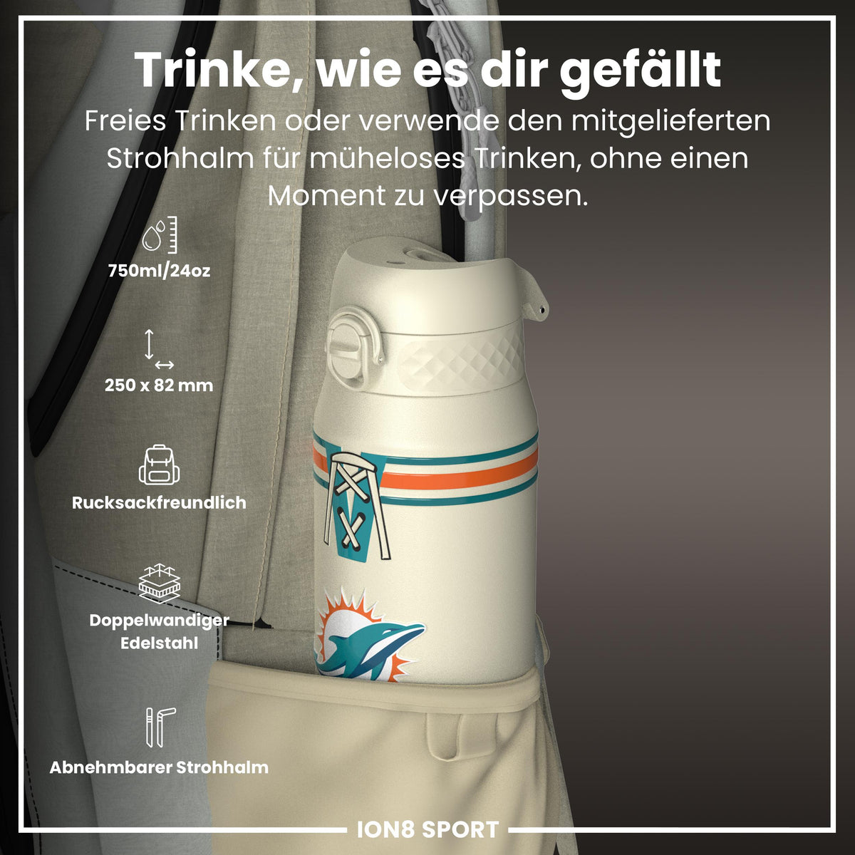 NFL x ION8, Isolierte Stahlflasche, Dolphins, 750 ml