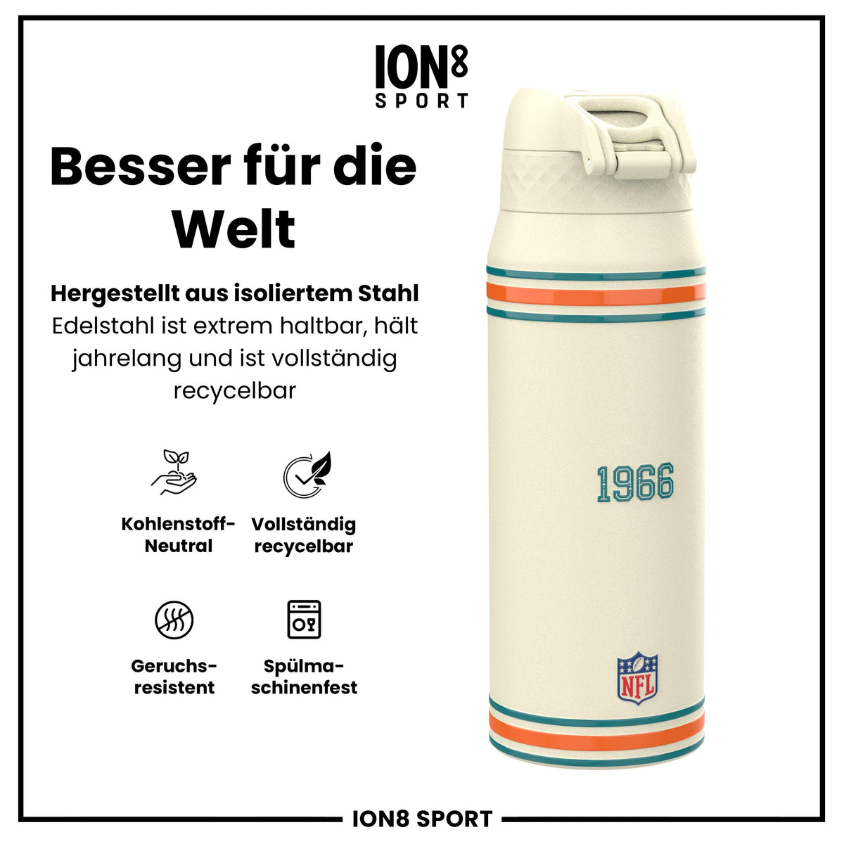 NFL x ION8, Isolierte Stahlflasche, Dolphins, 750 ml