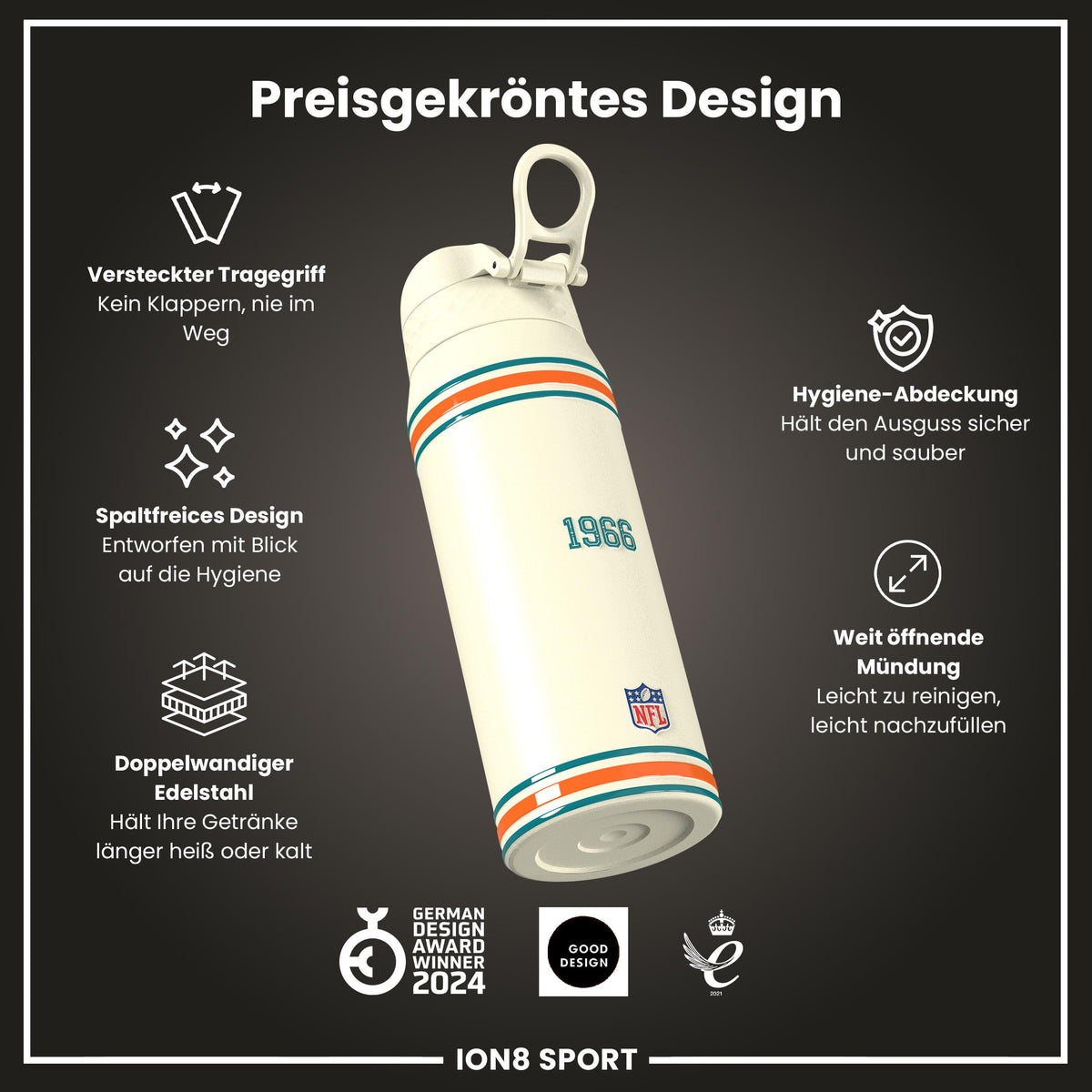 NFL x ION8, Isolierte Stahlflasche, Dolphins, 750 ml