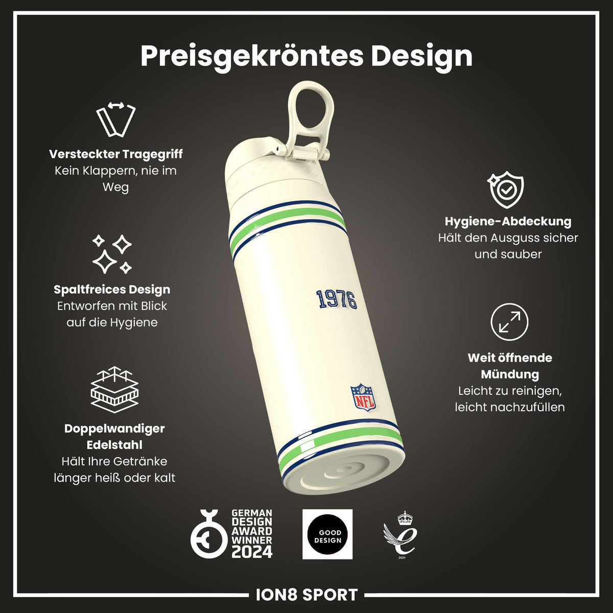 NFL x ION8, Isolierte Stahlflasche, Seahawks, 750 ml