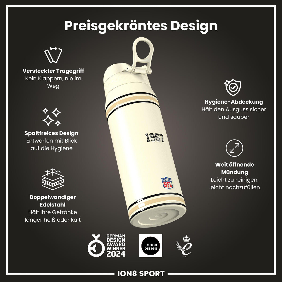 NFL x ION8, Isolierte Stahlflasche, Saints, 750 ml