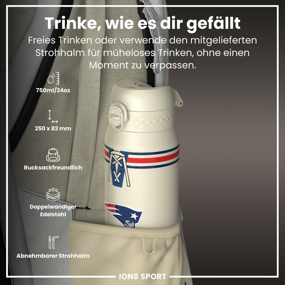 NFL x ION8, Isolierte Stahlflasche, Patriots, 750 ml