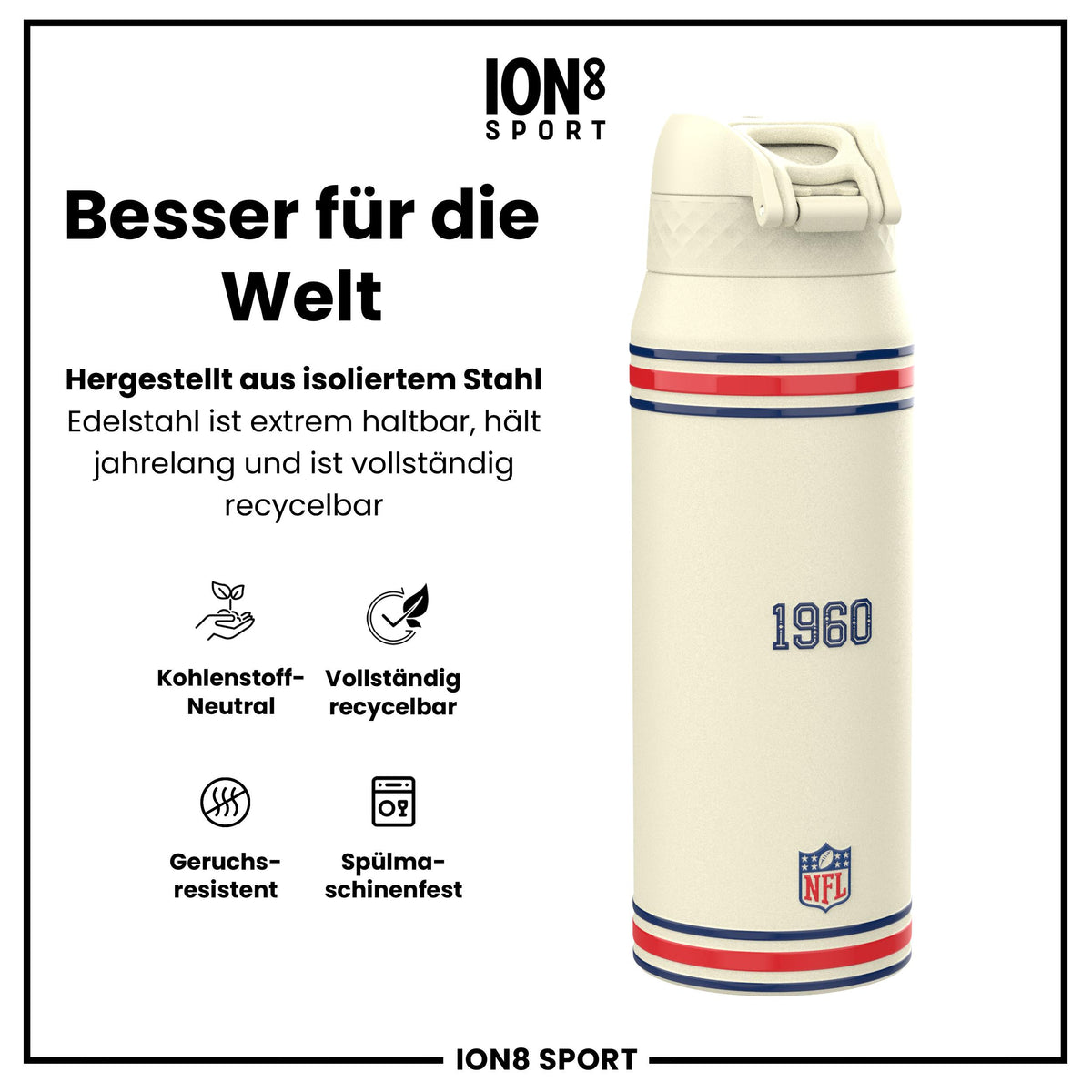 NFL x ION8, Isolierte Stahlflasche, Patriots, 750 ml