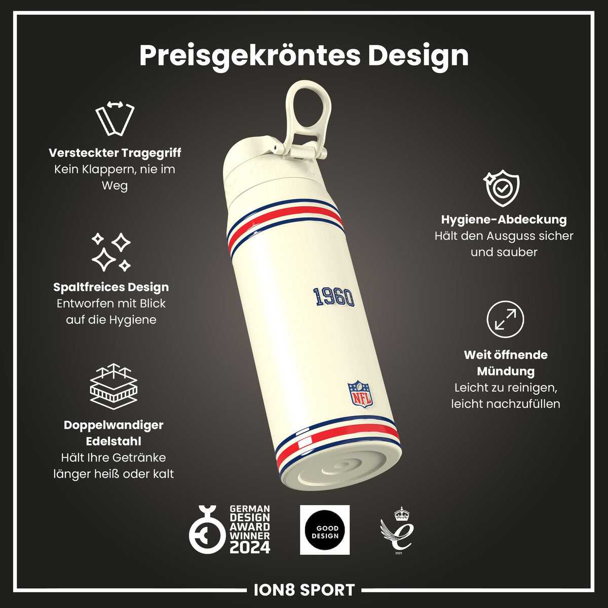 NFL x ION8, Isolierte Stahlflasche, Patriots, 750 ml