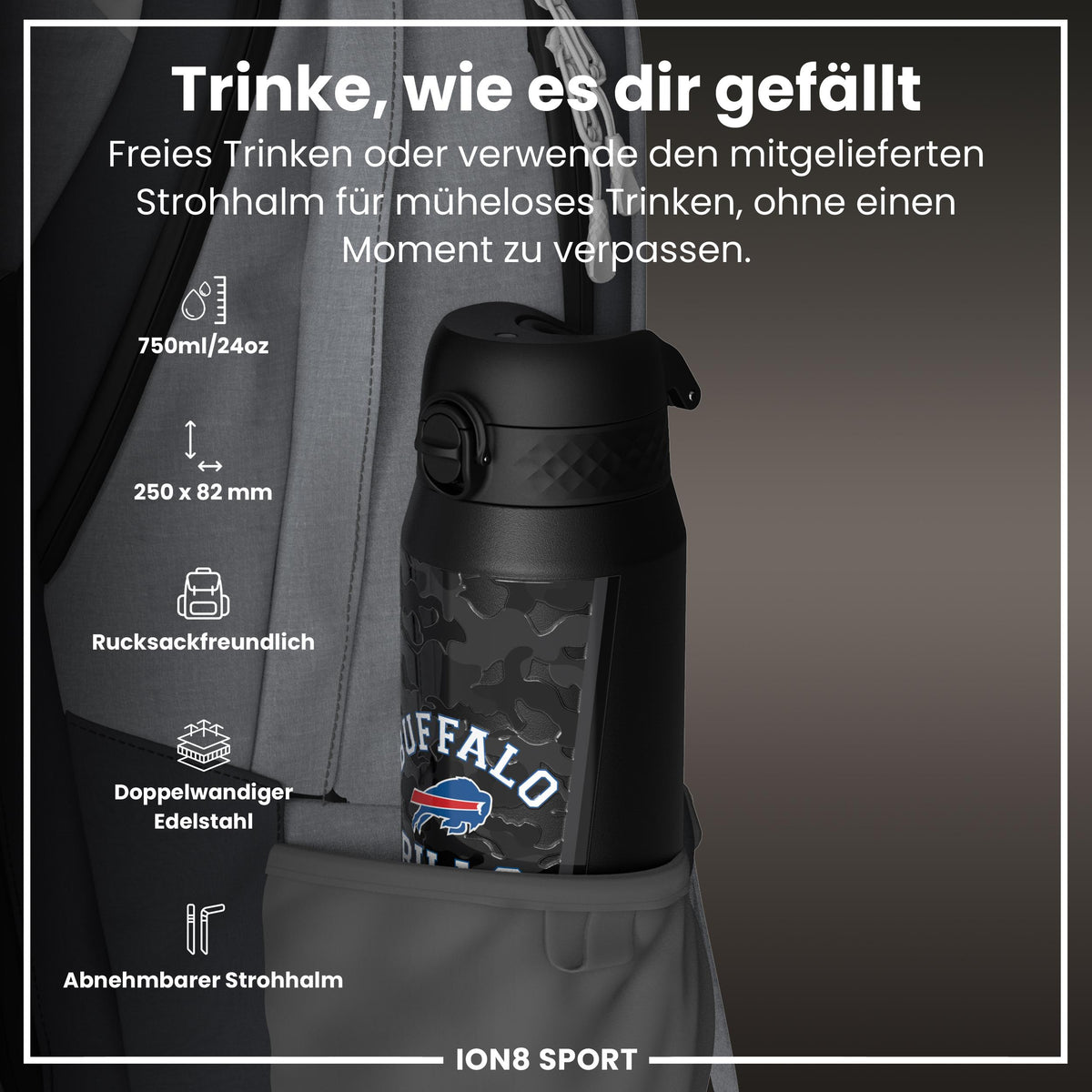 NFL x ION8, Isolierte Stahlflasche, Bills, 750 ml