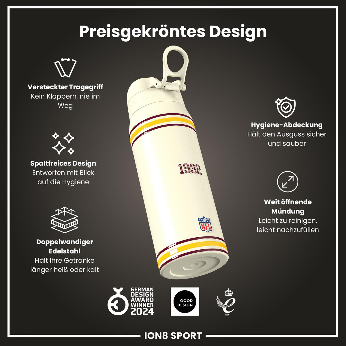 NFL x ION8, Isolierte Stahlflasche, Commanders, 750 ml