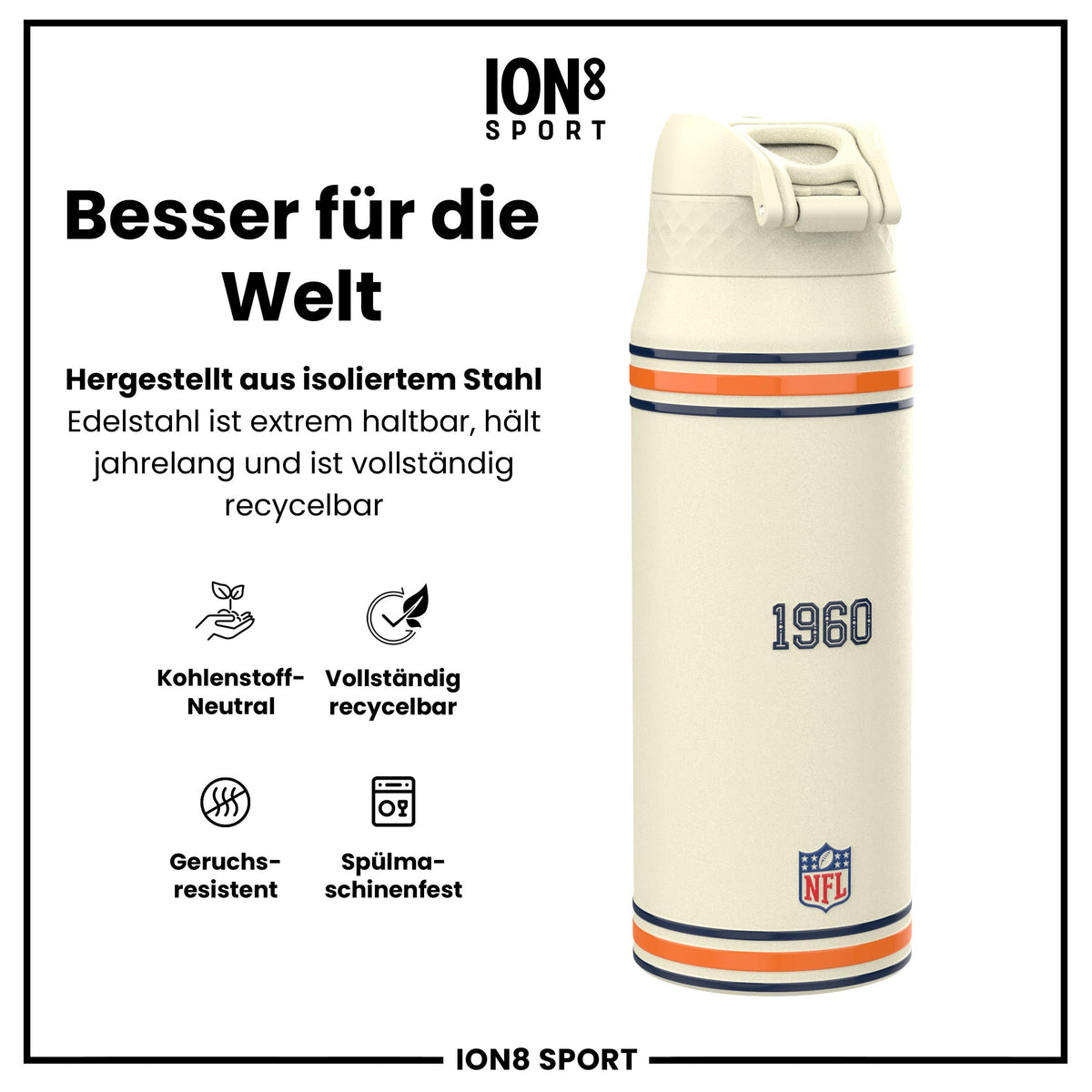 NFL x ION8, Isolierte Stahlflasche, Broncos, 750 ml