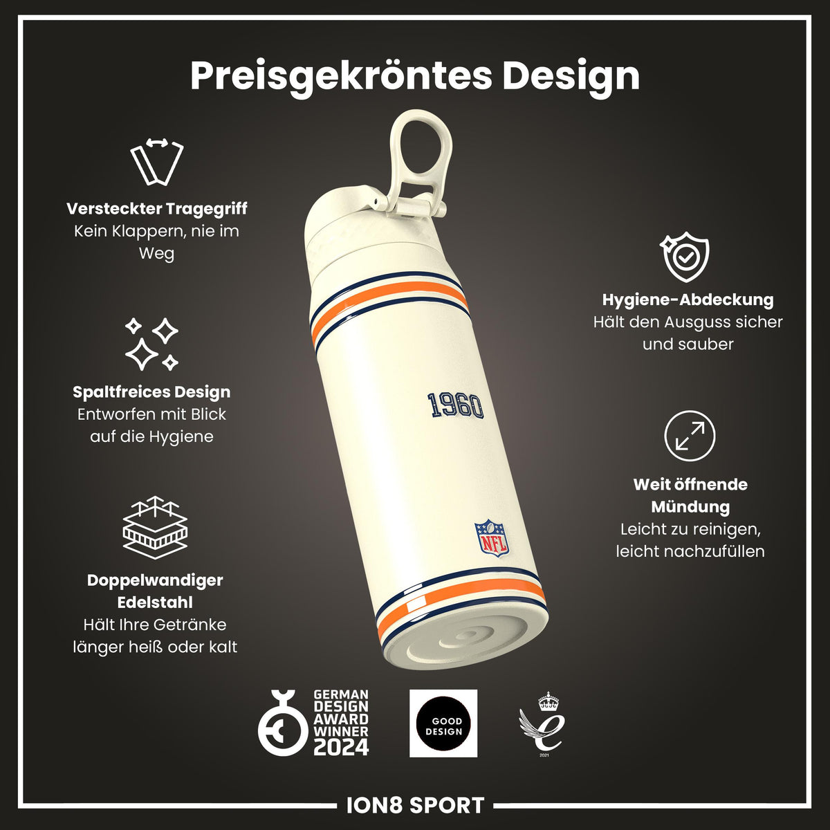 NFL x ION8, Isolierte Stahlflasche, Broncos, 750 ml