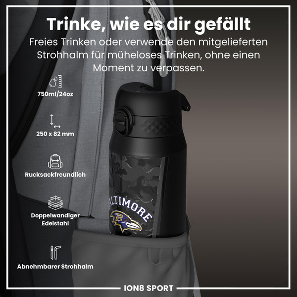 NFL x ION8, Isolierte Stahlflasche, Ravens, 750 ml