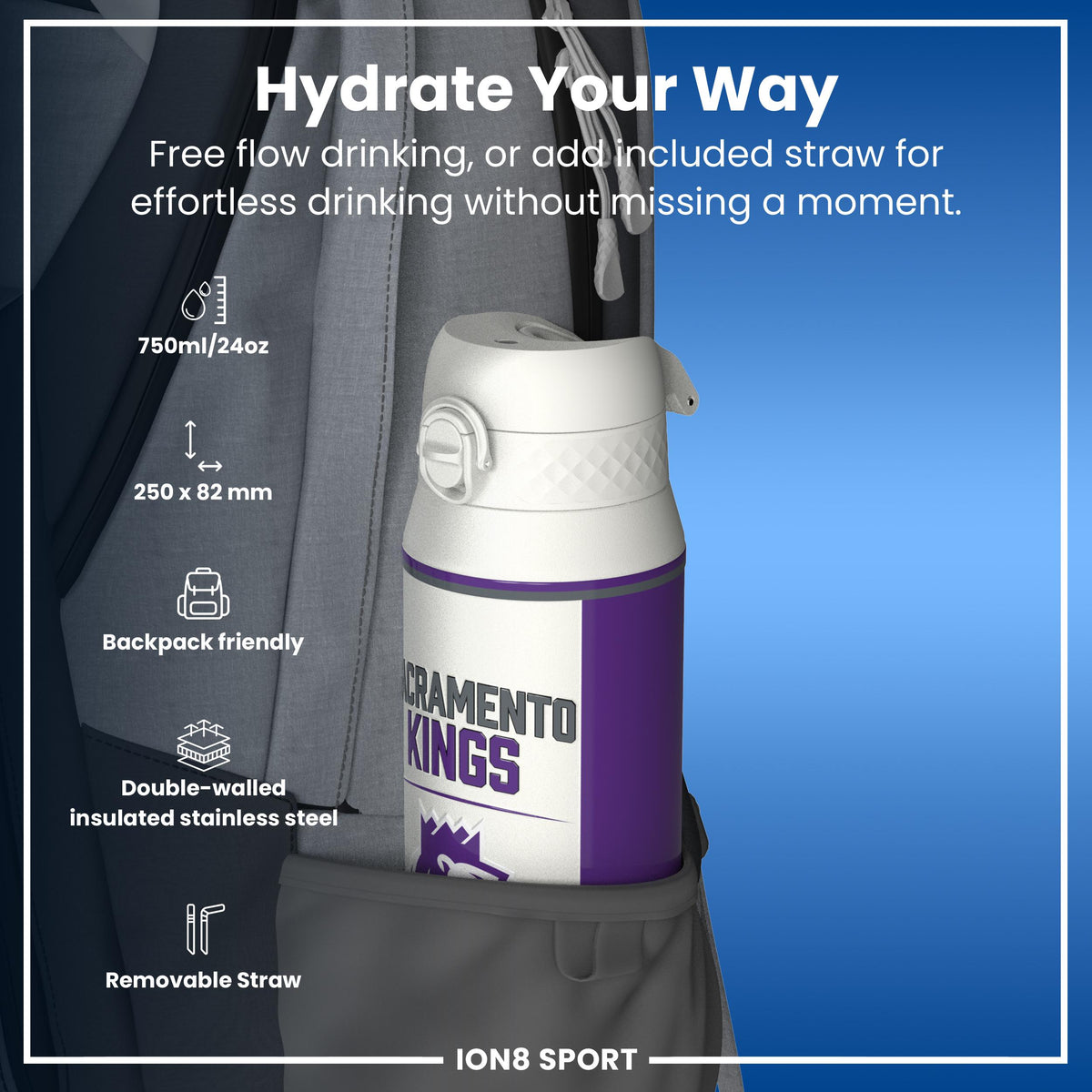 NBA x ION8, Isolierte Stahlflasche, Sacramento Kings, 750 ml