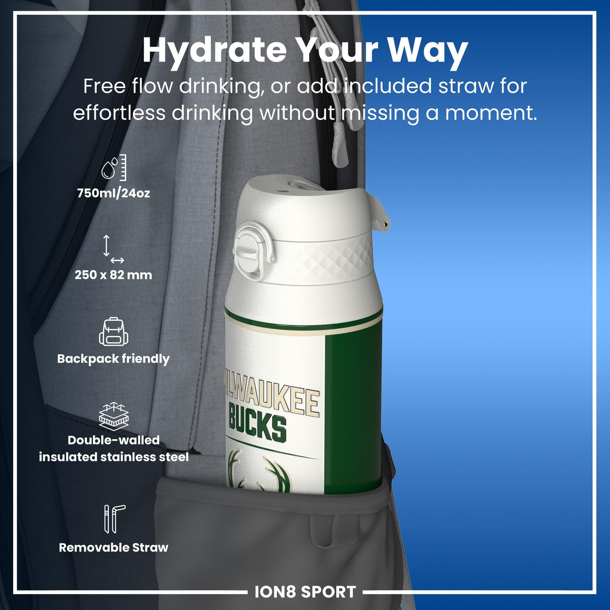 NBA x ION8, Isolierte Stahlflasche, Milwaukee Bucks, 750 ml