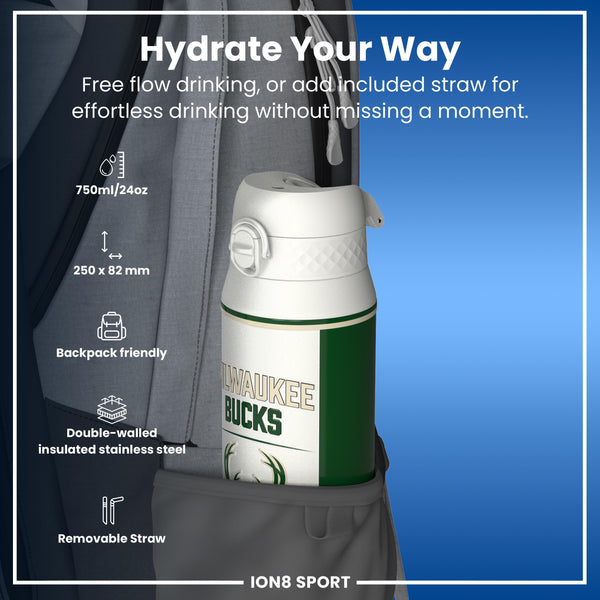 NBA x ION8, Isolierte Stahlflasche, Milwaukee Bucks, 750 ml