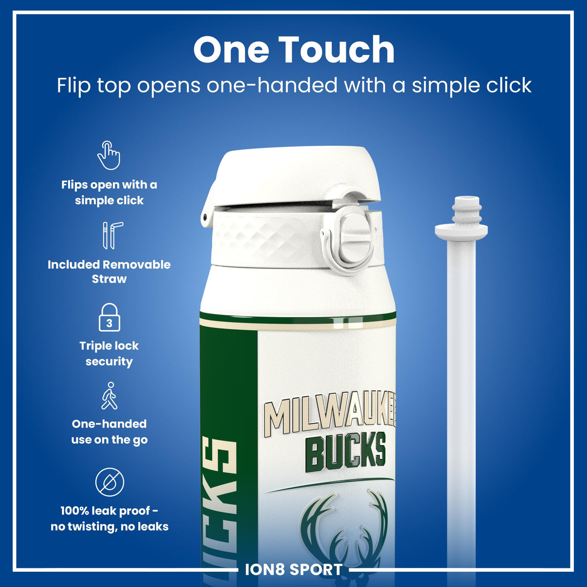 NBA x ION8, Isolierte Stahlflasche, Milwaukee Bucks, 750 ml