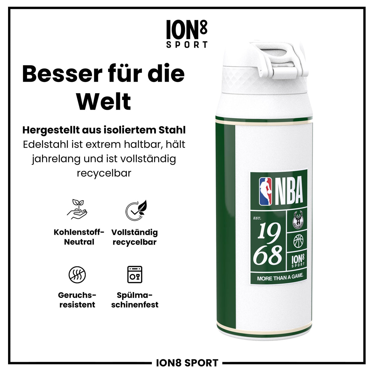 NBA x ION8, Isolierte Edelstahl, Milwaukee Bucks, 750 ml