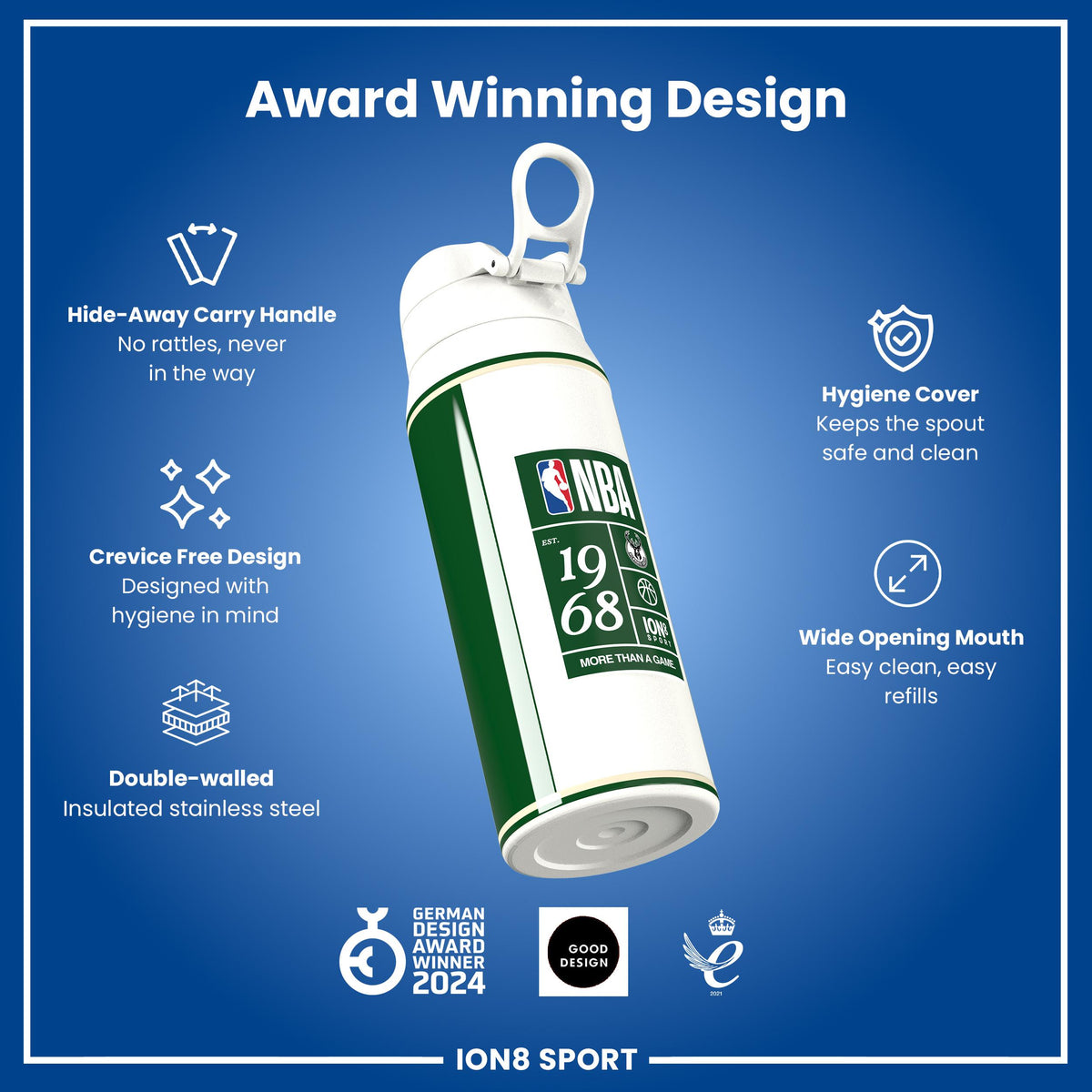 NBA x ION8, Isolierte Stahlflasche, Milwaukee Bucks, 750 ml