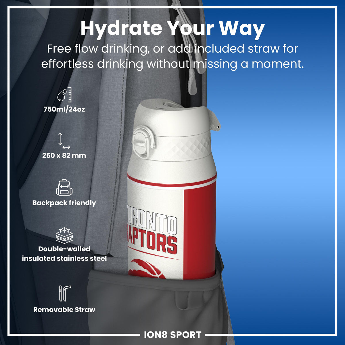 NBA x ION8, Isolierte Stahlflasche, Toronto Raptors, 750 ml