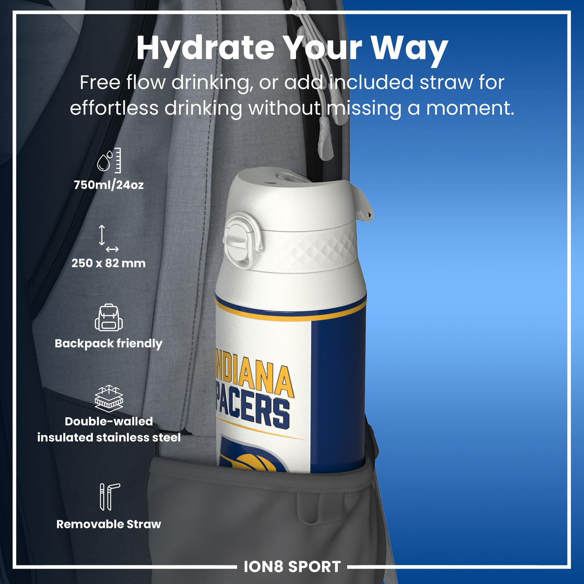 NBA x ION8, Isolierte Stahlflasche, Indiana Pacers, 750 ml