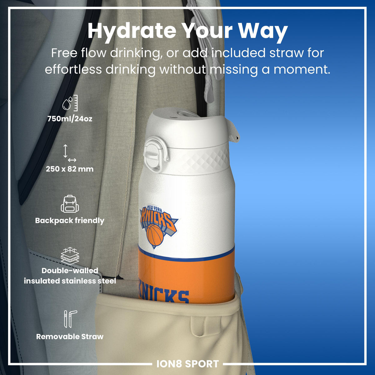 NBA x ION8, Isolierte Stahlflasche, NY Knicks, 750 ml