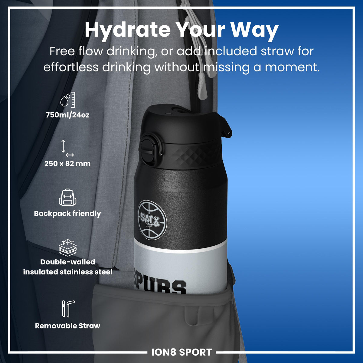 NBA x ION8, Isolierte Stahlflasche, SA Spurs, 750 ml