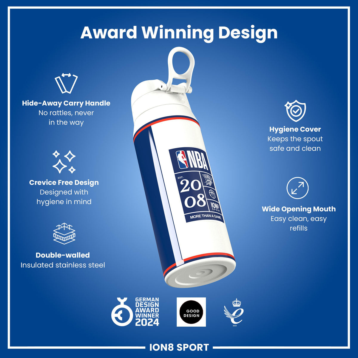 NBA x ION8, Isolierte Stahlflasche, OK City Thunder, 750 ml