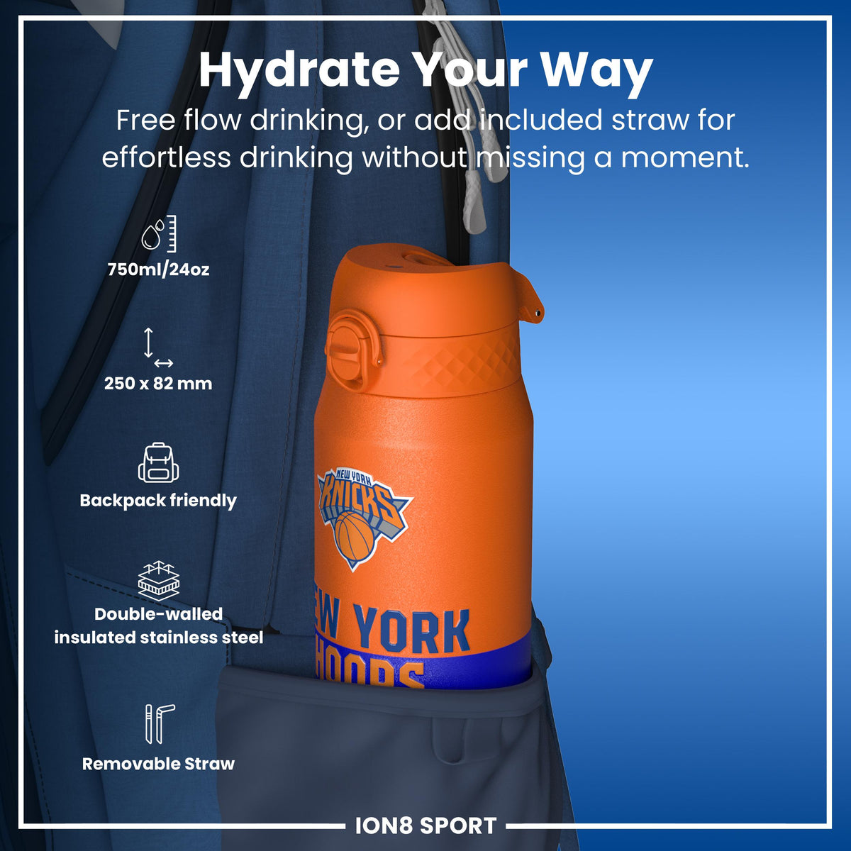 NBA x ION8, Isolierte Stahlflasche, NY Knicks, 750 ml