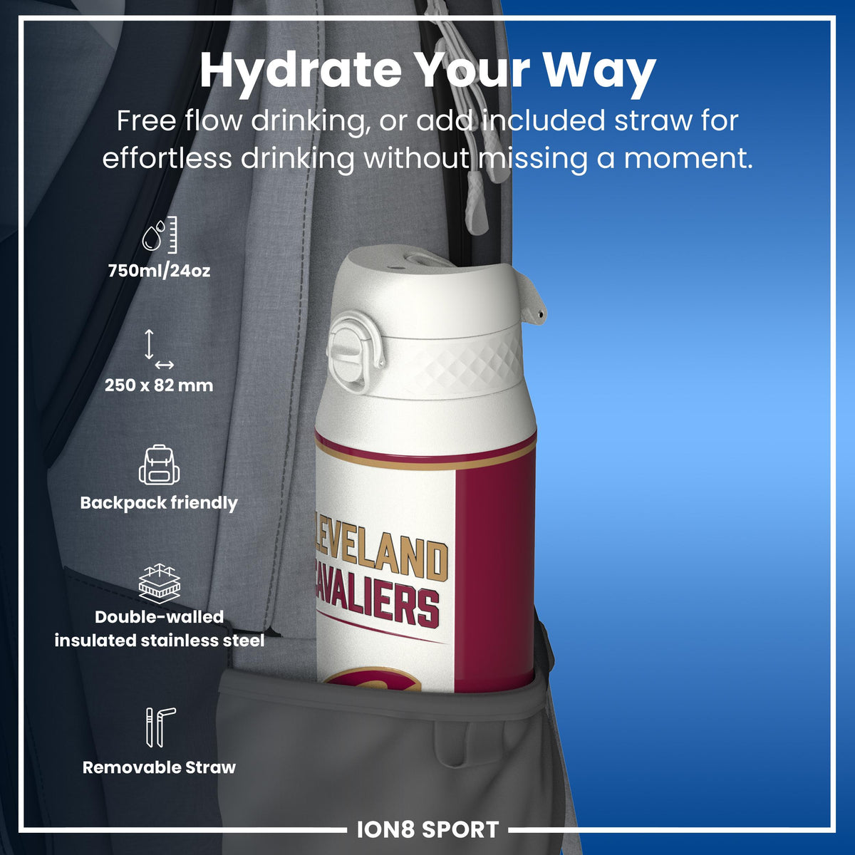 NBA x ION8, Isolierte Stahlflasche, Cleveland Cavaliers, 750 ml