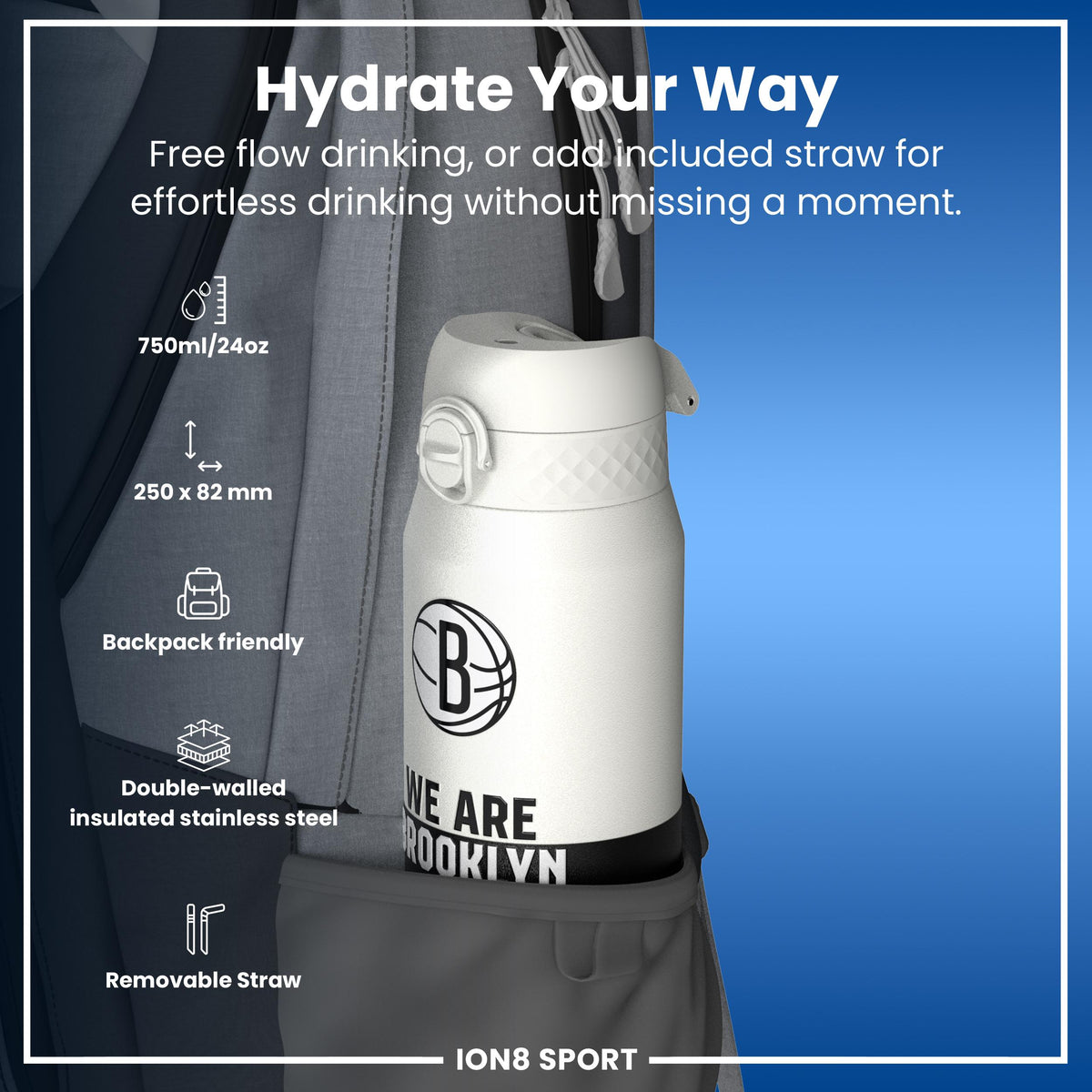 NBA x ION8, Isolierte Stahlflasche, Brooklyn Nets, 750 ml