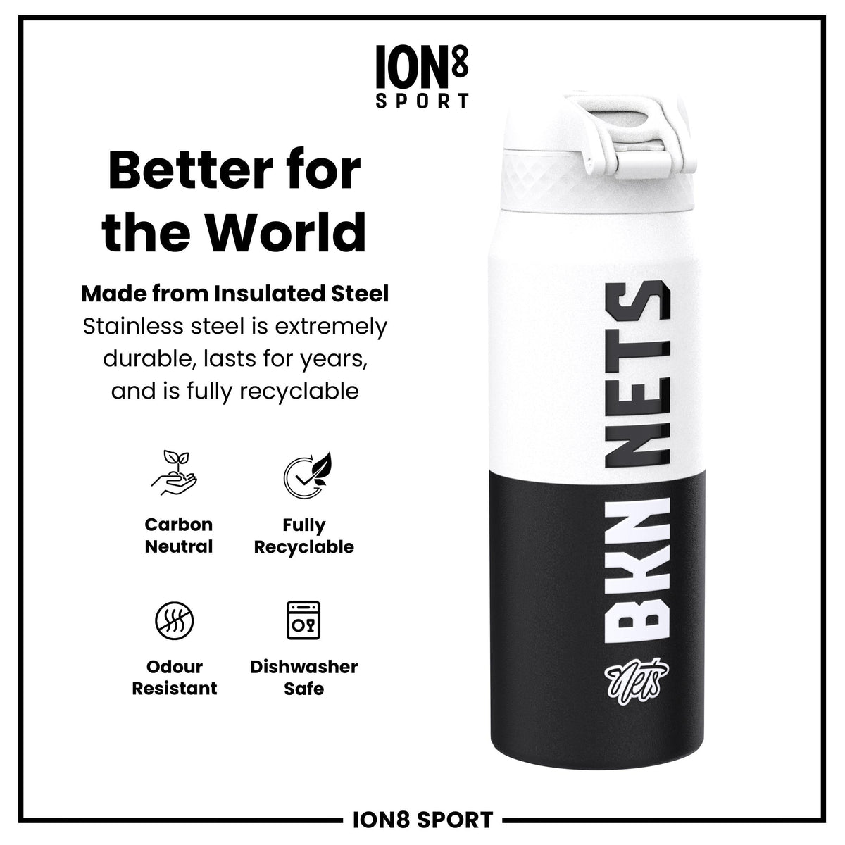 NBA x ION8, Isolierte Stahlflasche, Brooklyn Nets, 750 ml