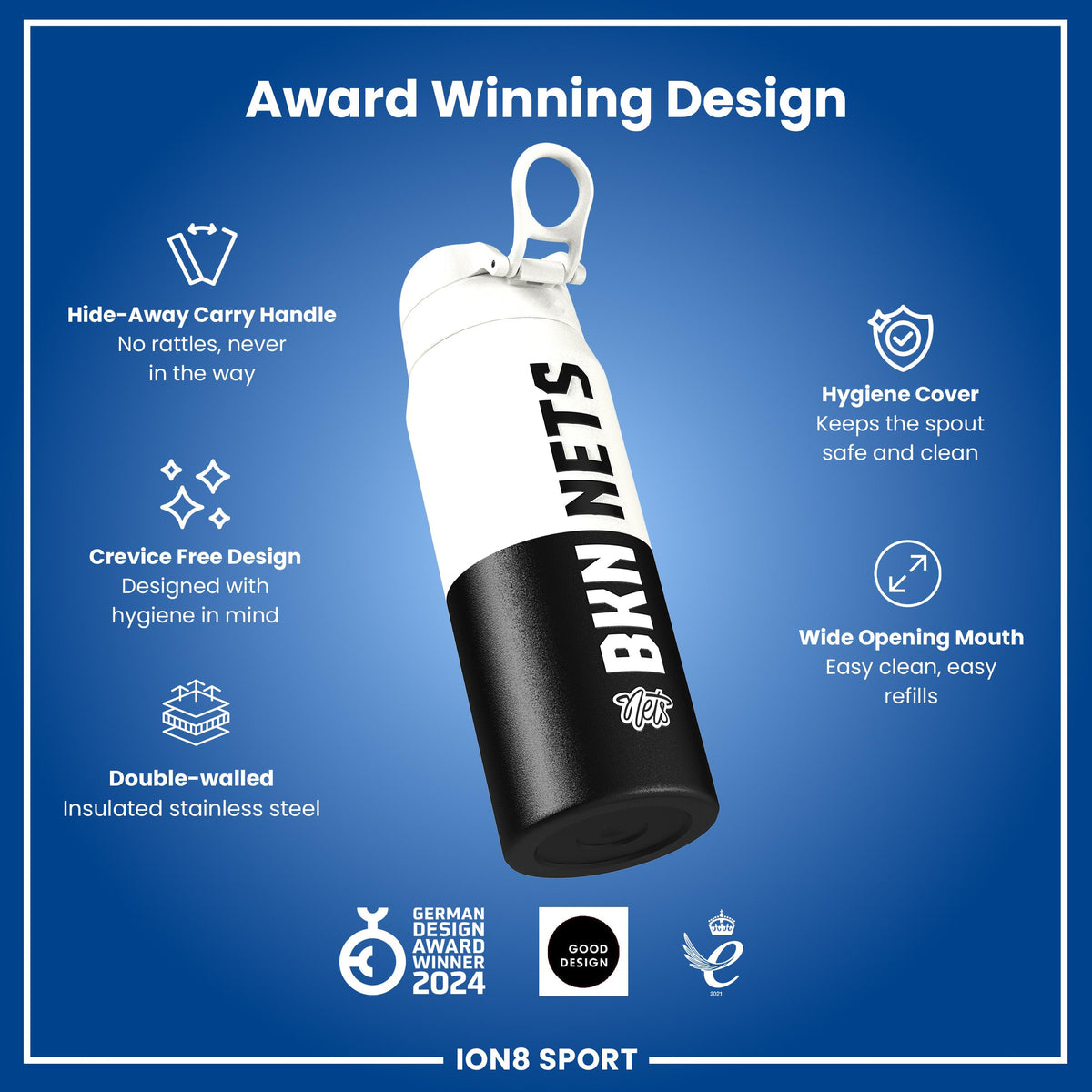 NBA x ION8, Isolierte Stahlflasche, Brooklyn Nets, 750 ml