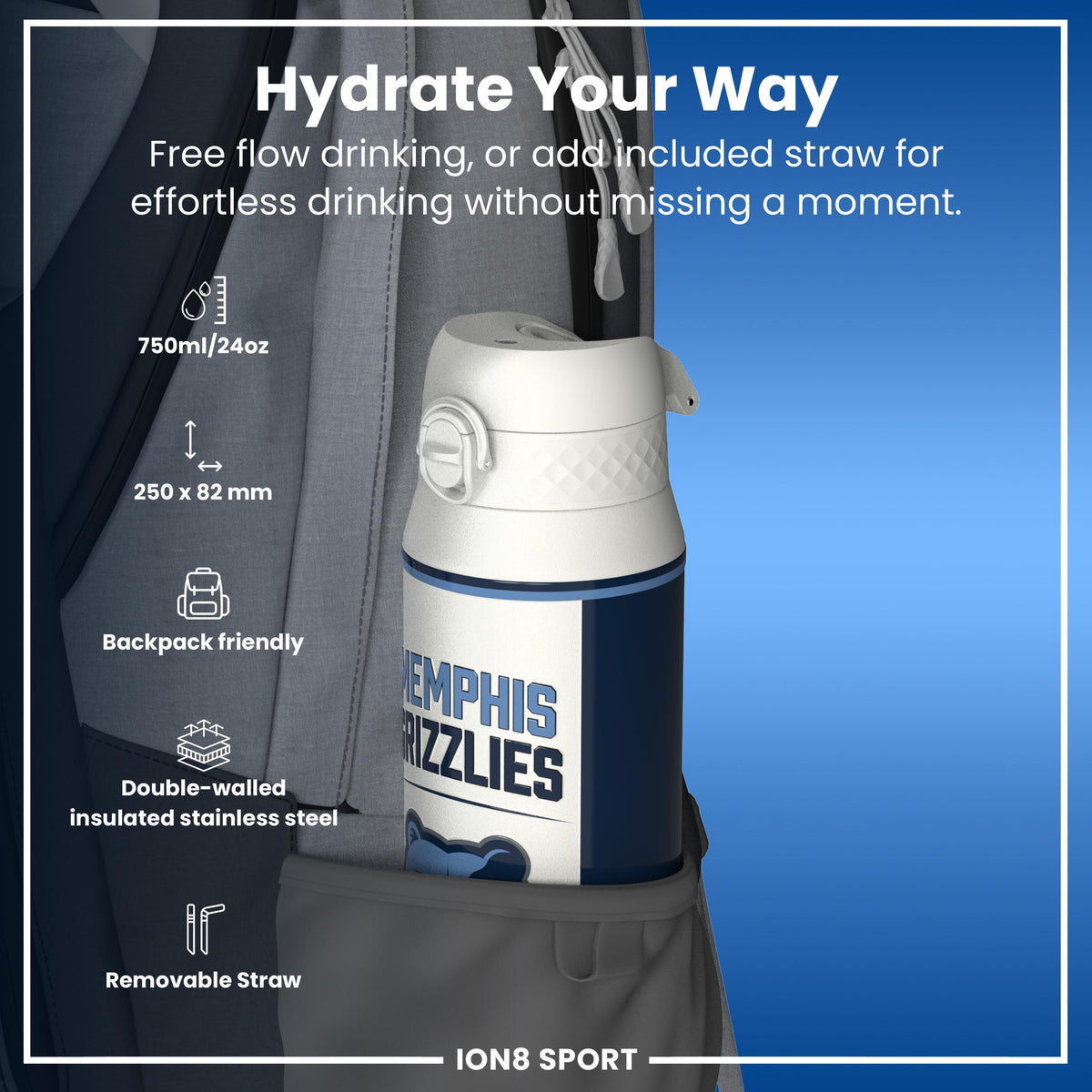 NBA x ION8, Isolierte Stahlflasche, Memphis Grizzlies, 750 ml