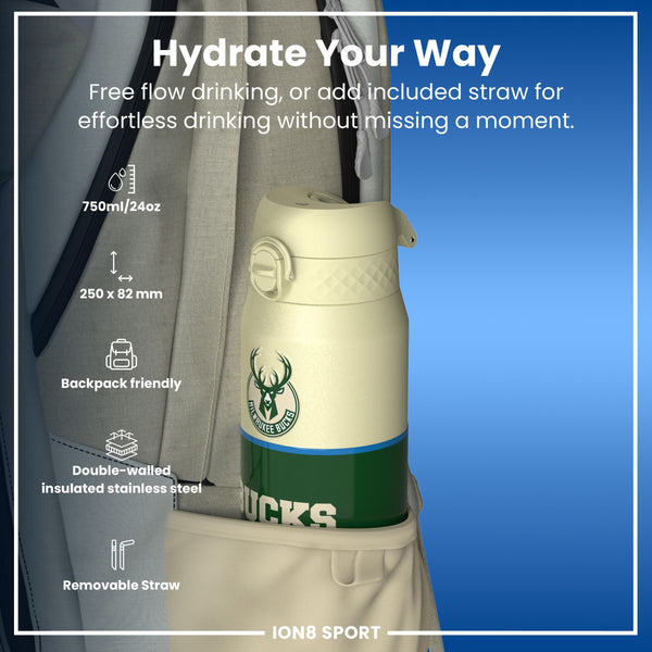 NBA x ION8, Isolierte Stahlflasche, Milwaukee Bucks, 750 ml