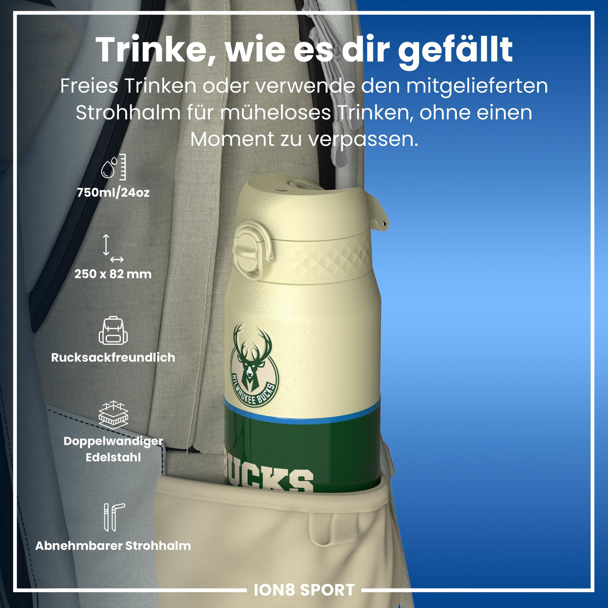 NBA x ION8, Isolierte Edelstahl, Milwaukee Bucks, 750 ml