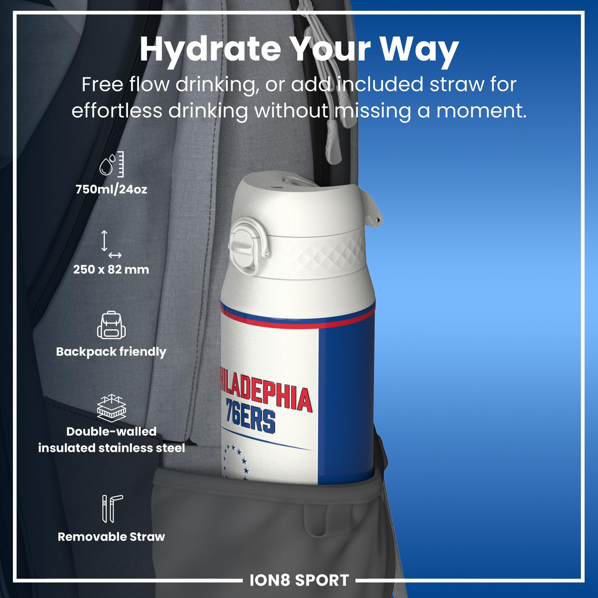 NBA x ION8, Isolierte Stahlflasche, Philadelphia 76ers, 750 ml