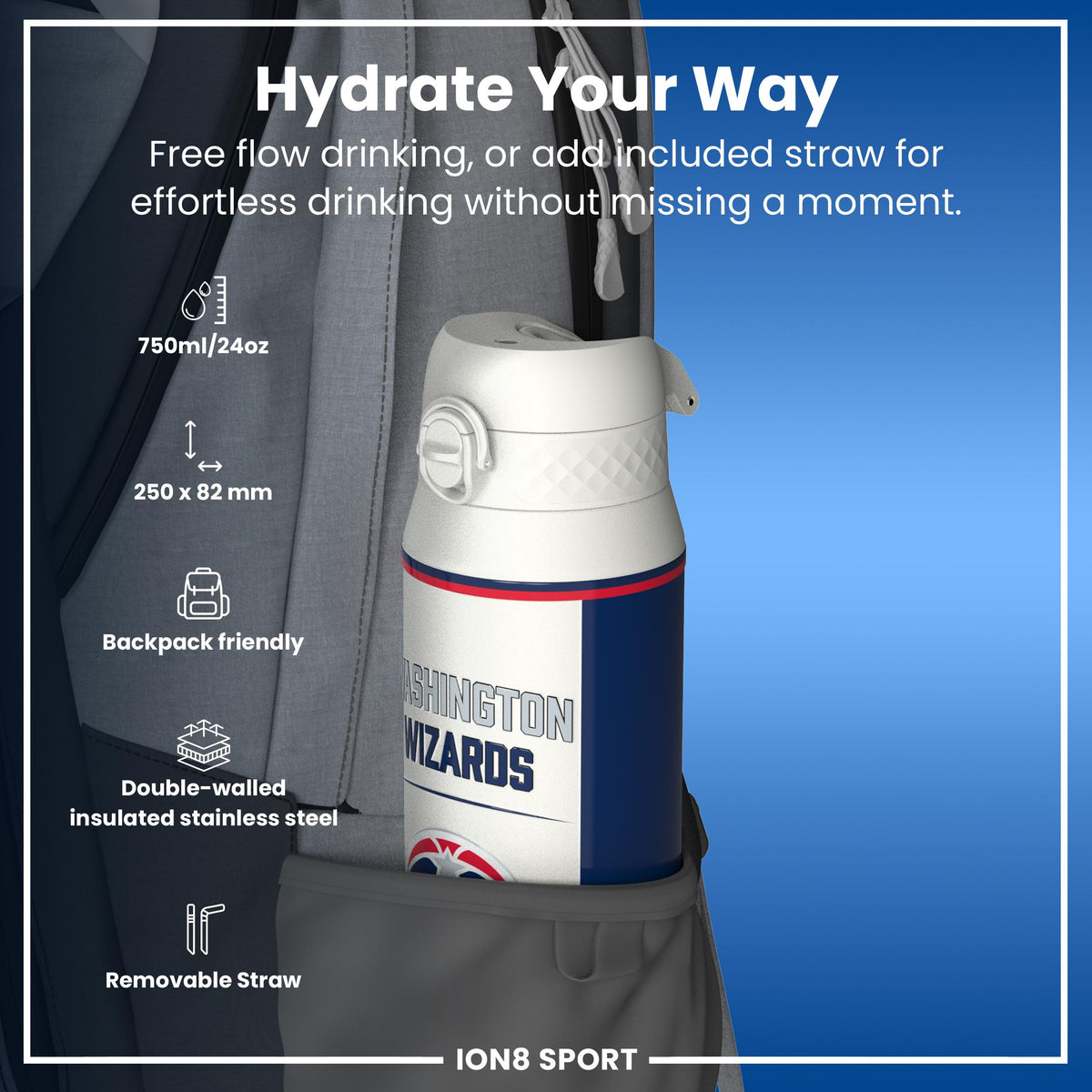 NBA x ION8, Isolierte Stahlflasche, D.C Wizards, 750 ml